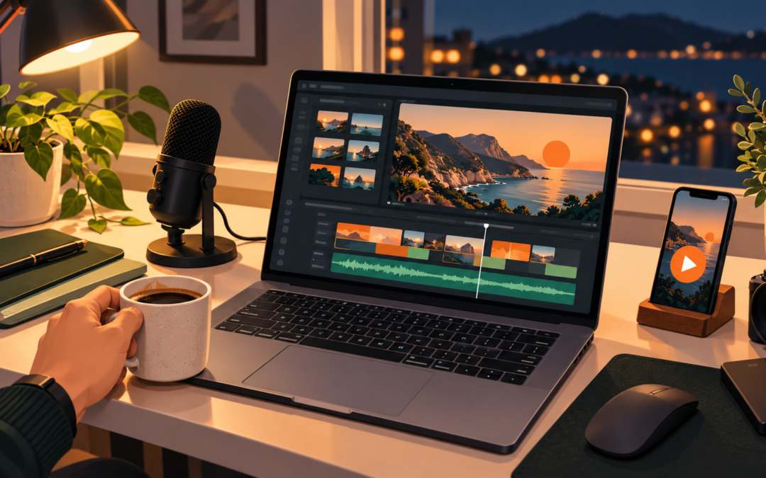Illustration of a faceless video creator's desk with laptop and microphone