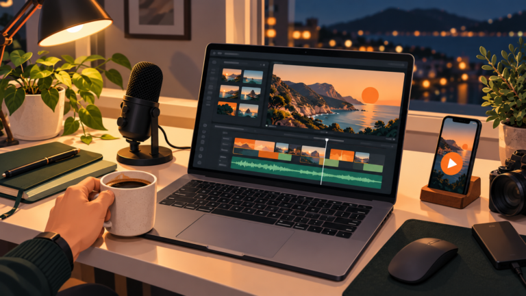Illustration of a faceless video creator's desk with laptop and microphone