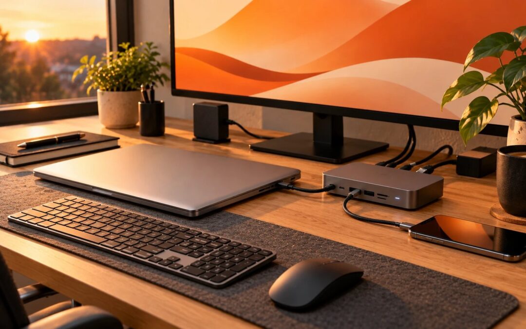 Desk setup with a closed laptop connected to a Thunderbolt dock that links monitor, network, keyboard and phone