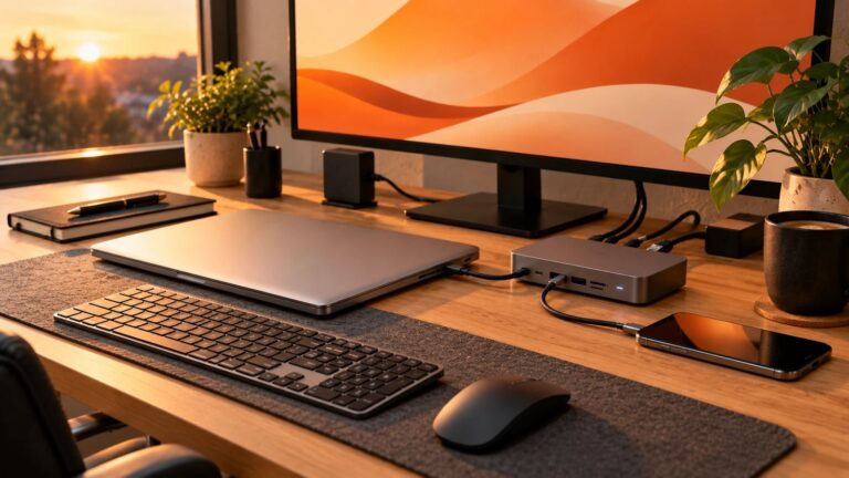 Desk setup with a closed laptop connected to a Thunderbolt dock that links monitor, network, keyboard and phone